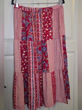 Stonybrook -Gorgeous Red Patchwork Tiered Maxi Skirt with Floral & Plaid Accents